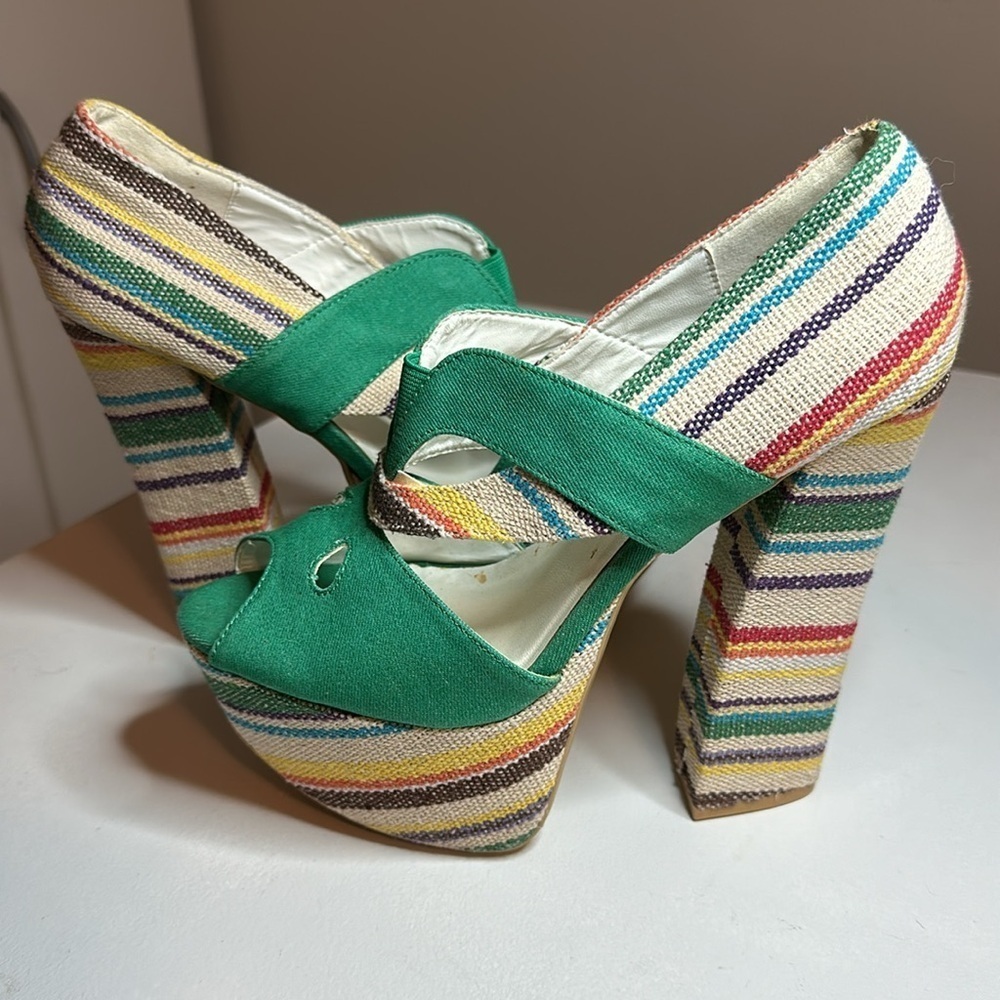 🔥Women's Fahrenheit green denim block color open toe stiletto heels size 7 - Picture 4 of 14